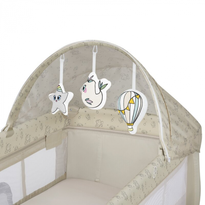 Patut pliant, Lionelo, Sven Plus, 120x60 cm, Cu doua nivele, Cu arcada jucarii, masuta de infasat, vibratii, melodii, conform cu standardele europeane de securitate EN716 si EN12221, Bej Latte [19]