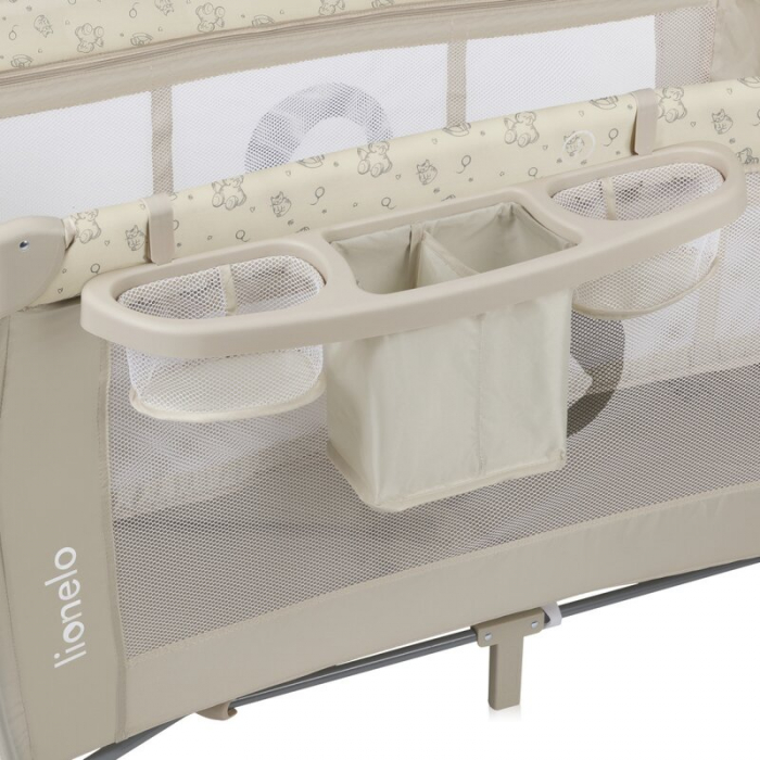 Patut pliant, Lionelo, Sven Plus, 120x60 cm, Cu doua nivele, Cu arcada jucarii, masuta de infasat, vibratii, melodii, conform cu standardele europeane de securitate EN716 si EN12221, Bej Latte [16]