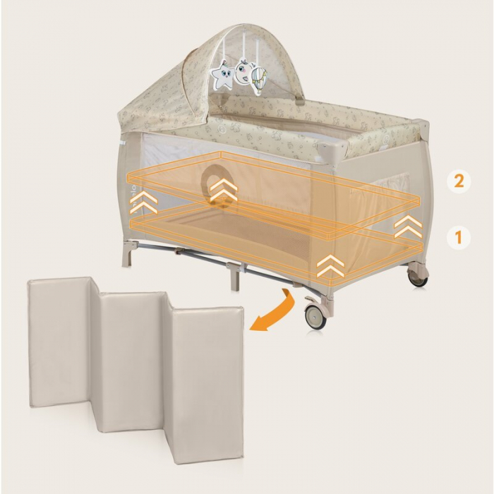 Patut pliant, Lionelo, Sven Plus, 120x60 cm, Cu doua nivele, Cu arcada jucarii, masuta de infasat, vibratii, melodii, conform cu standardele europeane de securitate EN716 si EN12221, Bej Latte [8]