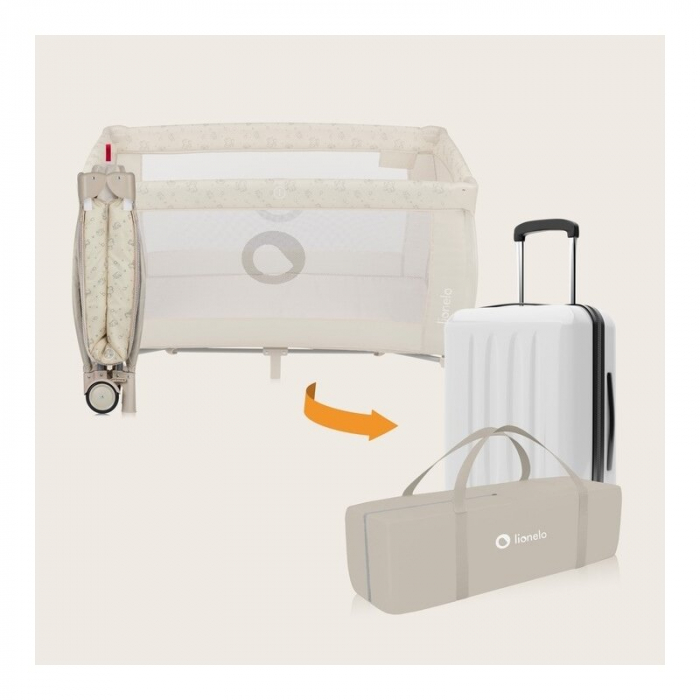 Patut pliant, Lionelo, Sven Plus, 120x60 cm, Cu doua nivele, Cu arcada jucarii, masuta de infasat, vibratii, melodii, conform cu standardele europeane de securitate EN716 si EN12221, Bej Latte [21]