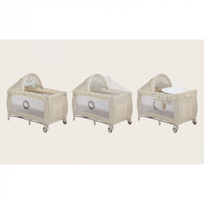 Patut pliant, Lionelo, Sven Plus, 120x60 cm, Cu doua nivele, Cu arcada jucarii, masuta de infasat, vibratii, melodii, conform cu standardele europeane de securitate EN716 si EN12221, Bej Latte [4]
