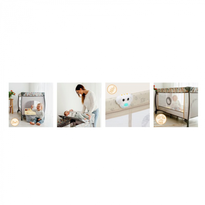 Patut pliant, Lionelo, Sven Plus, 120x60 cm, Cu doua nivele, Cu arcada jucarii, masuta de infasat, vibratii, melodii, conform cu standardele europeane de securitate EN716 si EN12221, Bej Latte [35]