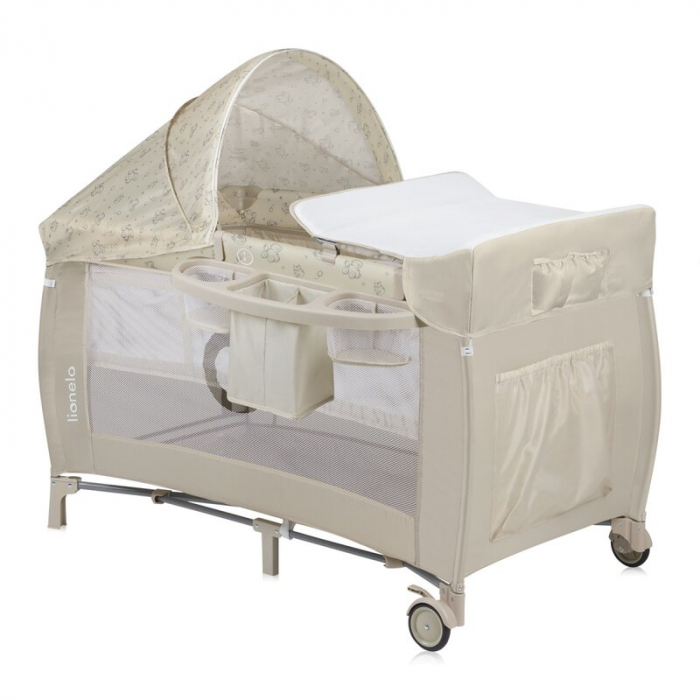 Patut pliant, Lionelo, Sven Plus, 120x60 cm, Cu doua nivele, Cu arcada jucarii, masuta de infasat, vibratii, melodii, conform cu standardele europeane de securitate EN716 si EN12221, Bej Latte [1]
