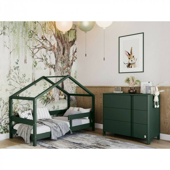 Patut tip casuta 160x80 cm din lemn certificat FSC, Transformabil in casuta de joaca, Verde [8]