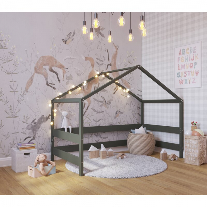 Patut tip casuta 160x80 cm din lemn certificat FSC, Transformabil in casuta de joaca, Verde [5]