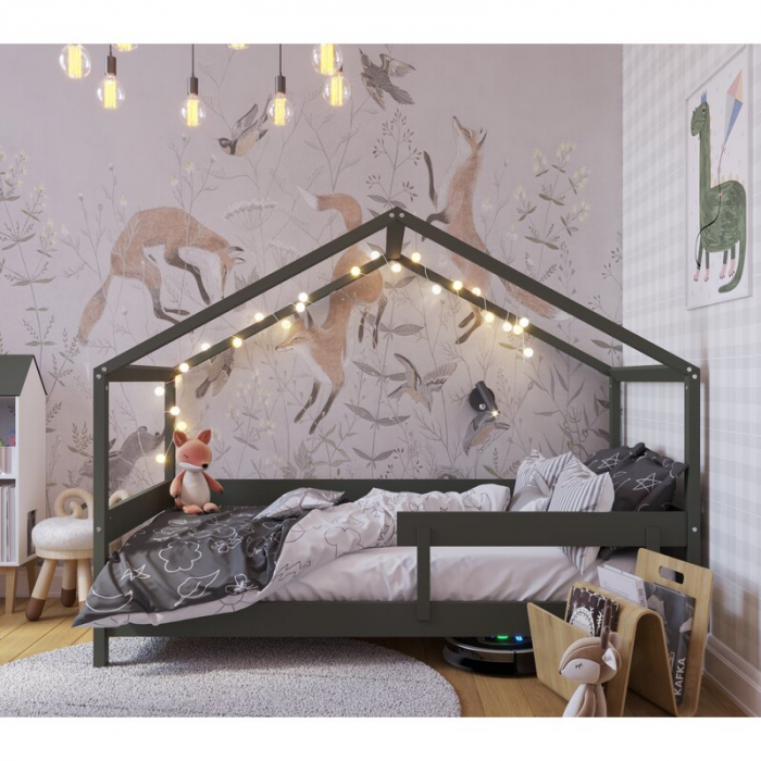 Patut tip casuta 160x80 cm din lemn certificat FSC, Transformabil in casuta de joaca, Verde [4]