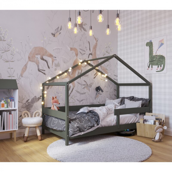 Patut tip casuta 160x80 cm din lemn certificat FSC, Transformabil in casuta de joaca, Verde [3]
