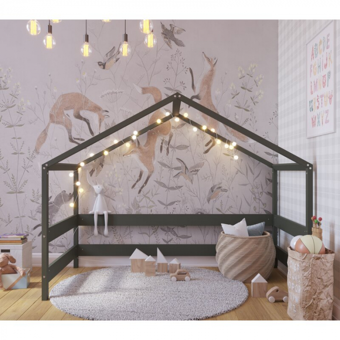 Patut tip casuta 160x80 cm din lemn certificat FSC, Transformabil in casuta de joaca, Verde [6]