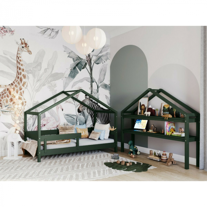 Patut tip casuta 160x80 cm din lemn certificat FSC, Transformabil in casuta de joaca, Verde [7]