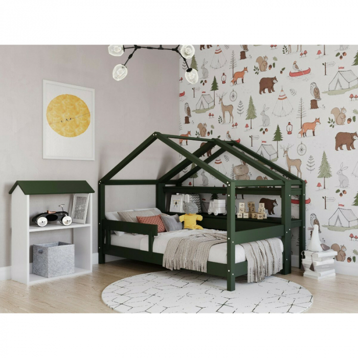 Patut tip casuta 160x80 cm din lemn certificat FSC, Transformabil in casuta de joaca, Verde [9]