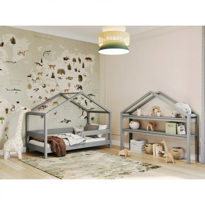 Patut tip casuta 160x80cm din lemn certificat FSC, Transformabil in casuta de joaca, Gri [8]