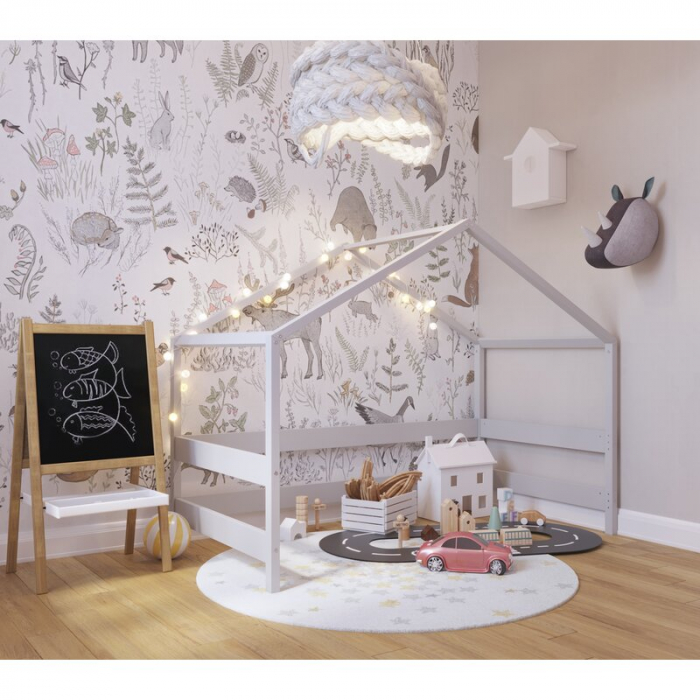 Patut tip casuta 160x80cm din lemn certificat FSC, Transformabil in casuta de joaca, Gri [5]