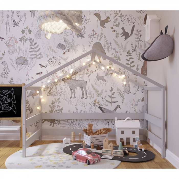 Patut tip casuta 160x80cm din lemn certificat FSC, Transformabil in casuta de joaca, Gri [6]