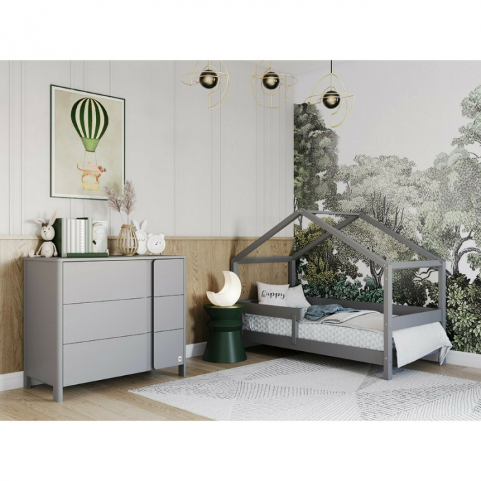 Patut tip casuta 160x80cm din lemn certificat FSC, Transformabil in casuta de joaca, Gri [9]