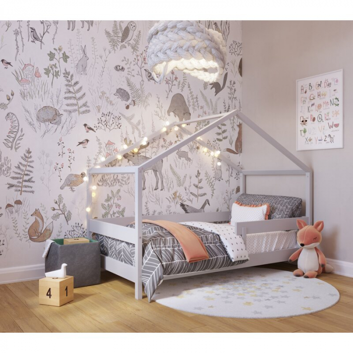 Patut tip casuta 160x80cm din lemn certificat FSC, Transformabil in casuta de joaca, Gri [3]