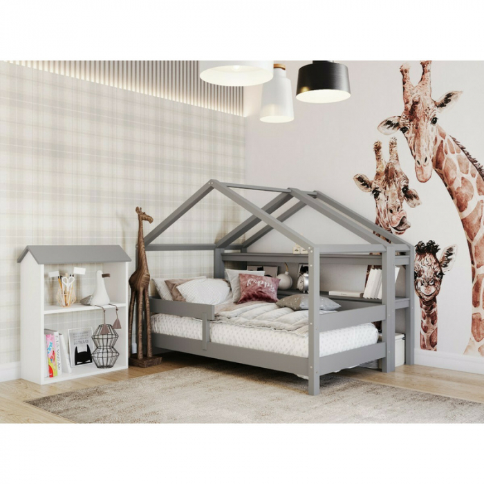 Patut tip casuta 160x80cm din lemn certificat FSC, Transformabil in casuta de joaca, Gri [7]