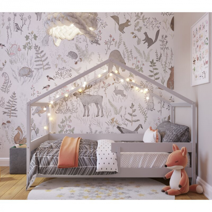 Patut tip casuta 160x80cm din lemn certificat FSC, Transformabil in casuta de joaca, Gri [4]