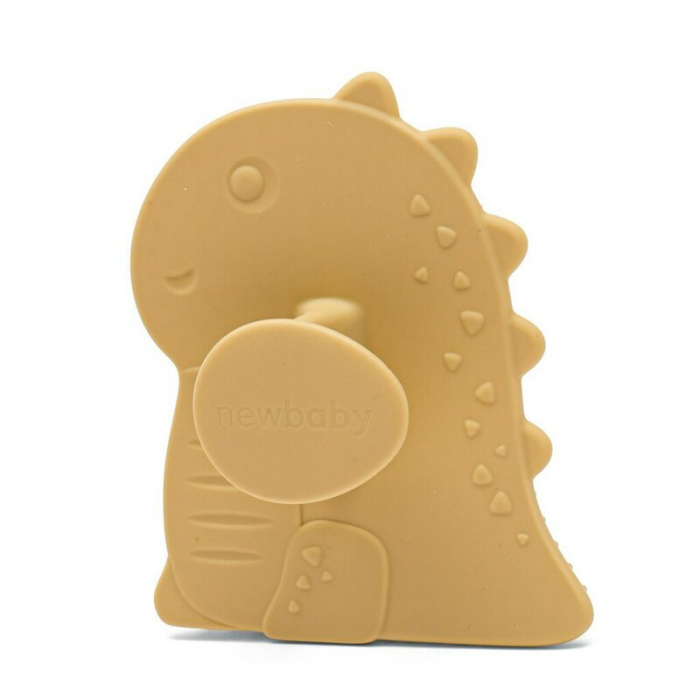 Perie de baie, New Baby, Din silicon, Cu peri moi, Maner ergonomic, Pentru pielea sensibila, 8x11 cm, 0 luni+, Dinosaur/Beige [1]