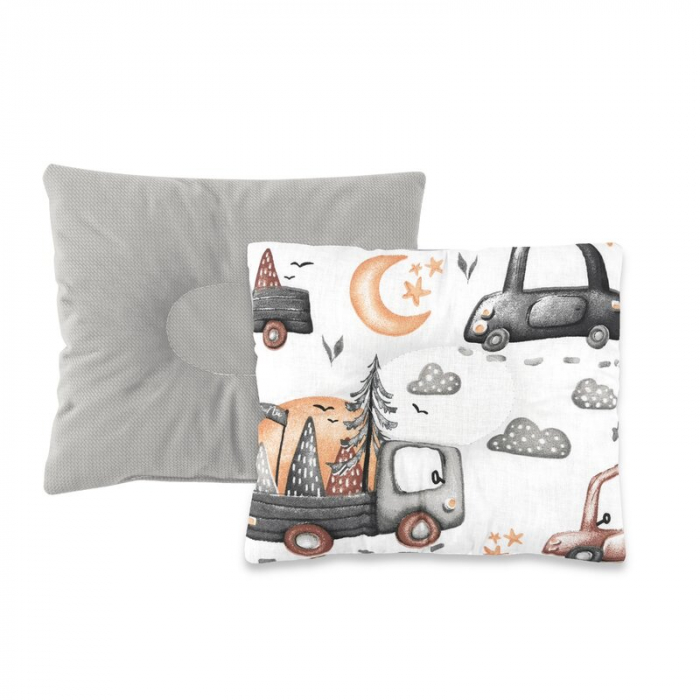 Perna bebelus, MimiNu, Profilata, Cu doua fete, Cu functie anti-soc, Pufoasa, Din catifea si bumbac, Materiale certificate Oeko Tex Standard 100, 23x26 cm, Velvet Cars Grey [1]