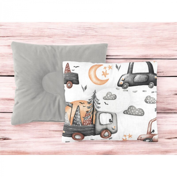 Perna bebelus, MimiNu, Profilata, Cu doua fete, Cu functie anti-soc, Pufoasa, Din catifea si bumbac, Materiale certificate Oeko Tex Standard 100, 23x26 cm, Velvet Cars Grey [2]