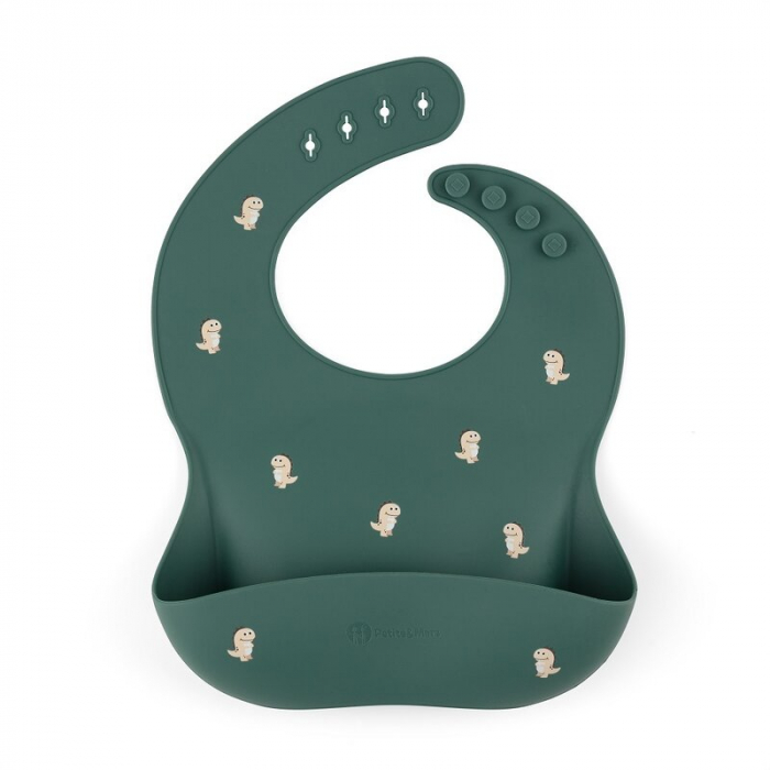 Petite&Mars - Baveta moale Take&Match, Reglabil, Cu buzunar colector, Silicon, Fara BPA, 6 luni+, Model dinozauri, Verde [1]