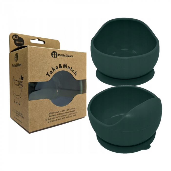 Petite&Mars - Bol din silicon fara BPA, Cu ventuza, TAKE&MATCH, 6 luni+, 350 ml, Verde Inchis [1]