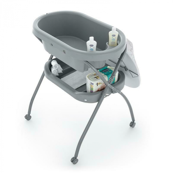Petite&Mars - Cadita 3 in 1, Spa, Cu masuta de infasat si spatiu de depozitare, Pliabila, Cu roti si sistem de scurgere, Gri [2]