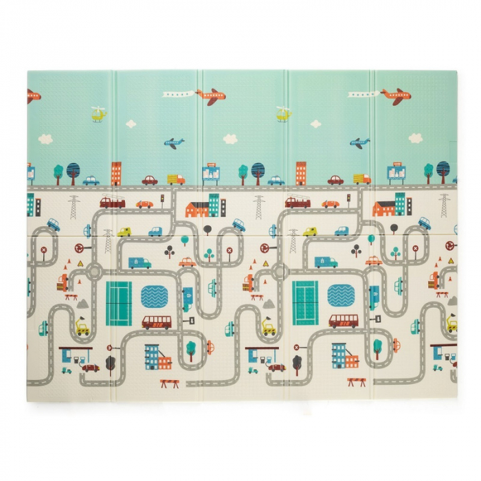 Petite&Mars - Covoras de joaca reversibil, Include geanta pentru transport, Pliabil si impermeabil, Non-toxic, 197 x 147 x 1 cm, Oras, 0 luni+, Multicolor [2]