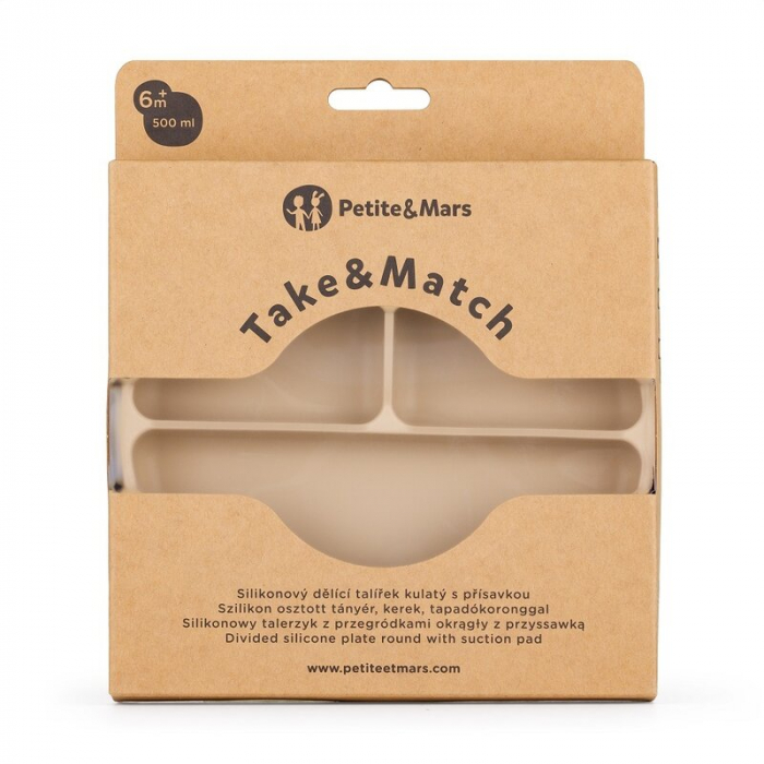 Petite&Mars - Farfurie compartimentata Take&Match, Rotunda, Cu ventuza si 3 compartimente, Silicon, Fara BPA, 500 ml, 6 luni+, Bej [4]
