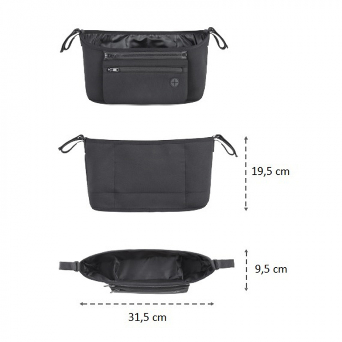 Petite&Mars - Organizator carucior, Cu buzunar frontal detasabil, Dimensiune universala, 31.5x19.5x9.5 cm, Atasare usoara cu Velcro, Negru [5]