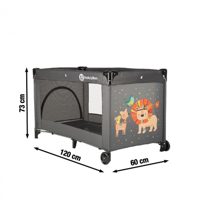 Patut pliant cu un nivel 120x60 cm, Cu intrare laterala cu fermoar, 2 roti, Leut Gri [10]