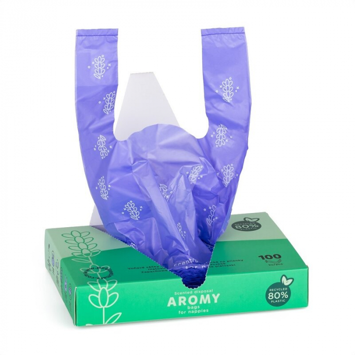 Petite&Mars - Saci parfumati pentru scutece, Aromy, Cu miros de lavanda, Rezistenti, Manere lungi, 100 bucati, Mov [2]
