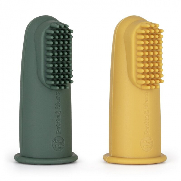 Petite&Mars - Set 2 periute de dinti pentru deget, Cu peri moi, Silicon, Include cutie depozitare, 0 luni+, Galben/Verde [2]