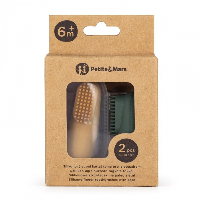 Petite&Mars - Set 2 periute de dinti pentru deget, Cu peri moi, Silicon, Include cutie depozitare, 0 luni+, Galben/Verde [4]