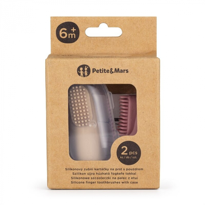 Petite&Mars - Set 2 periute de dinti pentru deget, Cu peri moi, Silicon, Include cutie depozitare, 0 luni+, Roz/Bej [4]