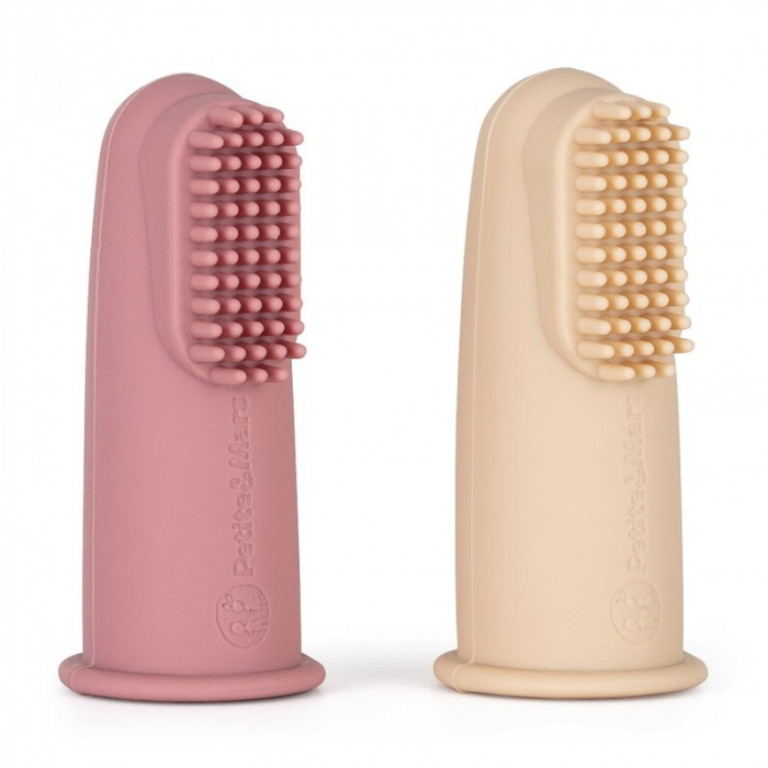 Petite&Mars - Set 2 periute de dinti pentru deget, Cu peri moi, Silicon, Include cutie depozitare, 0 luni+, Roz/Bej [2]