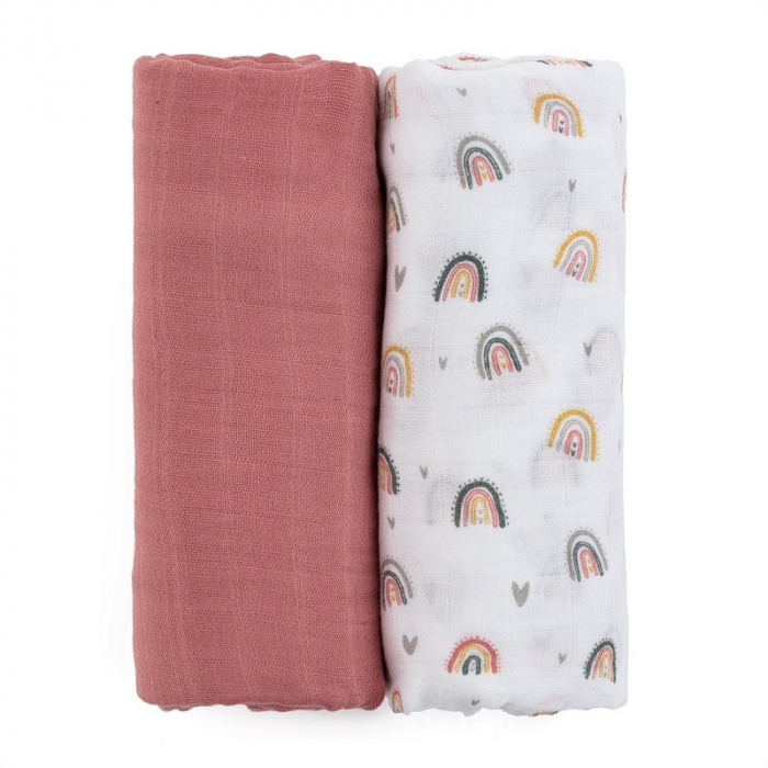 Petite&Mars - Set 2 scutece din muselina de bambus Misty Rose Rainbow, Hipoalergenice, Dimensiuni mari 120 x 120 cm, Certificate Oeko Tex Standard 100, Multicolor [2]