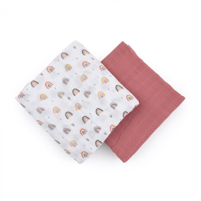 Petite&Mars - Set 2 scutece din muselina de bambus Misty Rose Rainbow, Hipoalergenice, Dimensiuni mari 120 x 120 cm, Certificate Oeko Tex Standard 100, Multicolor [1]