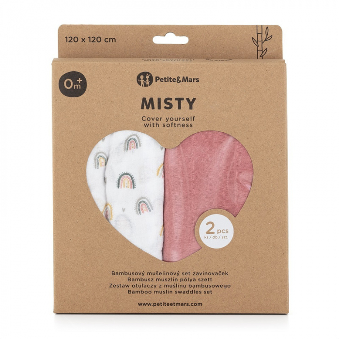 Petite&Mars - Set 2 scutece din muselina de bambus Misty Rose Rainbow, Hipoalergenice, Dimensiuni mari 120 x 120 cm, Certificate Oeko Tex Standard 100, Multicolor [9]