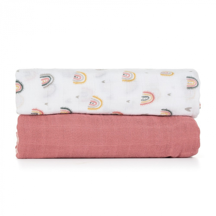 Petite&Mars - Set 2 scutece din muselina de bambus Misty Rose Rainbow, Hipoalergenice, Dimensiuni mari 120 x 120 cm, Certificate Oeko Tex Standard 100, Multicolor [3]
