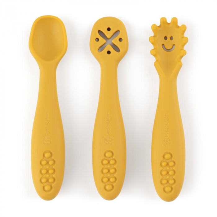 Petite&Mars - Set 3 lingurite, Diverse forme, Pentru supa, paste, alimente usoare, Dezvolta simturile si abilitatile senzoriale, Silicon, Fara BPA, 6 luni+, Galben [1]