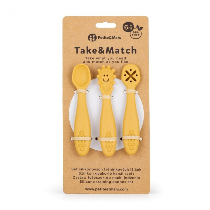Petite&Mars - Set 3 lingurite, Diverse forme, Pentru supa, paste, alimente usoare, Dezvolta simturile si abilitatile senzoriale, Silicon, Fara BPA, 6 luni+, Galben [2]