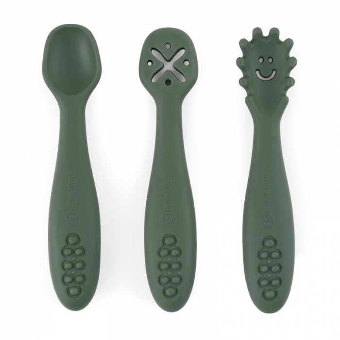 Petite&Mars - Set 3 lingurite, Diverse forme, Pentru supa, paste, alimente usoare, Dezvolta simturile si abilitatile senzoriale, Silicon, Fara BPA, 6 luni+, Verde [1]