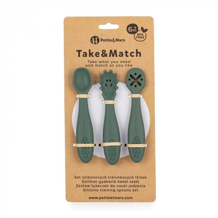 Petite&Mars - Set 3 lingurite, Diverse forme, Pentru supa, paste, alimente usoare, Dezvolta simturile si abilitatile senzoriale, Silicon, Fara BPA, 6 luni+, Verde [4]