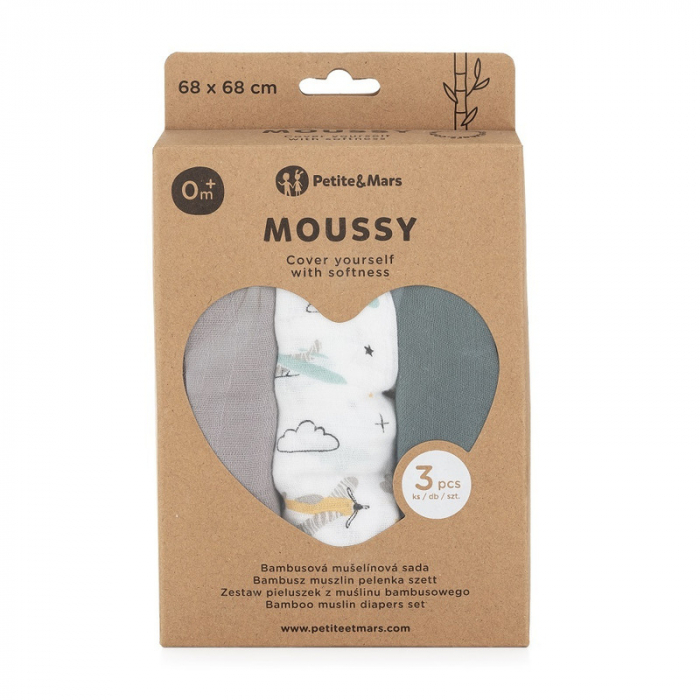 Petite&Mars - Set 3 scutece din muselina de bambus Moussy Grey Planes, Hipoalergenice, 68 x 68 cm, Certificate Oeko Tex Standard 100, Multicolor [3]