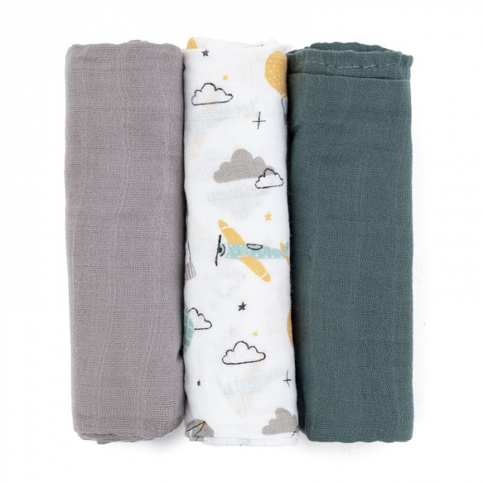 Petite&Mars - Set 3 scutece din muselina de bambus Moussy Grey Planes, Hipoalergenice, 68 x 68 cm, Certificate Oeko Tex Standard 100, Multicolor [2]