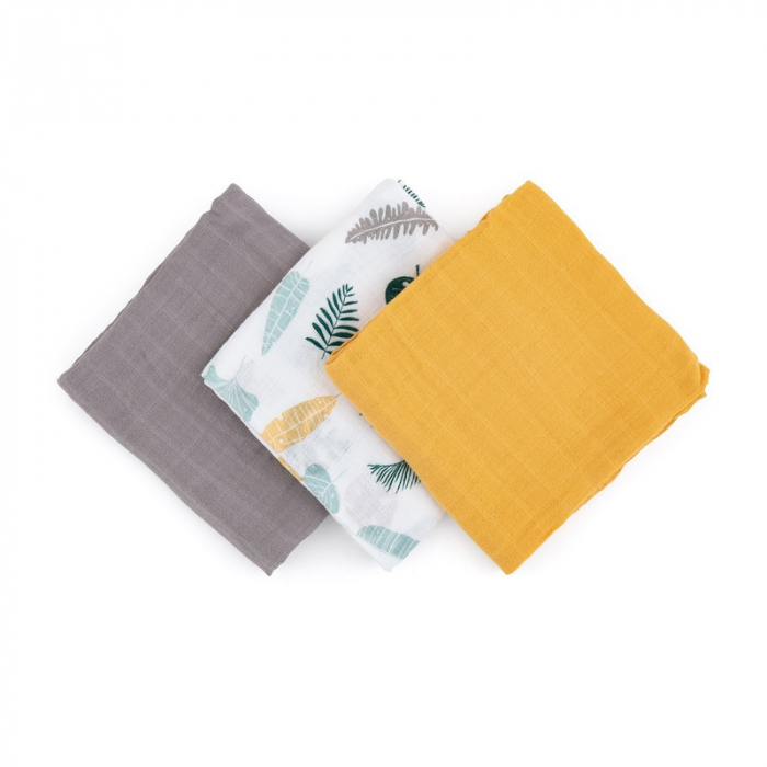 Petite&Mars - Set 3 scutece din muselina de bambus Moussy Ochre Leaves, Hipoalergenice, 68 x 68 cm, Certificate Oeko Tex Standard 100, Multicolor [1]