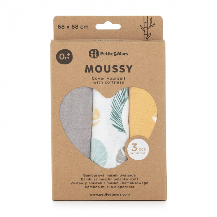 Petite&Mars - Set 3 scutece din muselina de bambus Moussy Ochre Leaves, Hipoalergenice, 68 x 68 cm, Certificate Oeko Tex Standard 100, Multicolor [8]