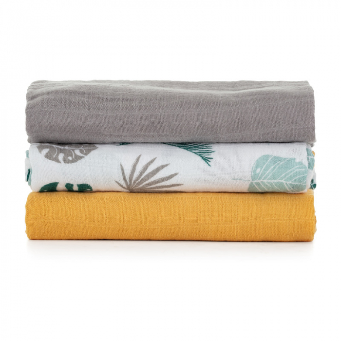 Petite&Mars - Set 3 scutece din muselina de bambus Moussy Ochre Leaves, Hipoalergenice, 68 x 68 cm, Certificate Oeko Tex Standard 100, Multicolor [3]