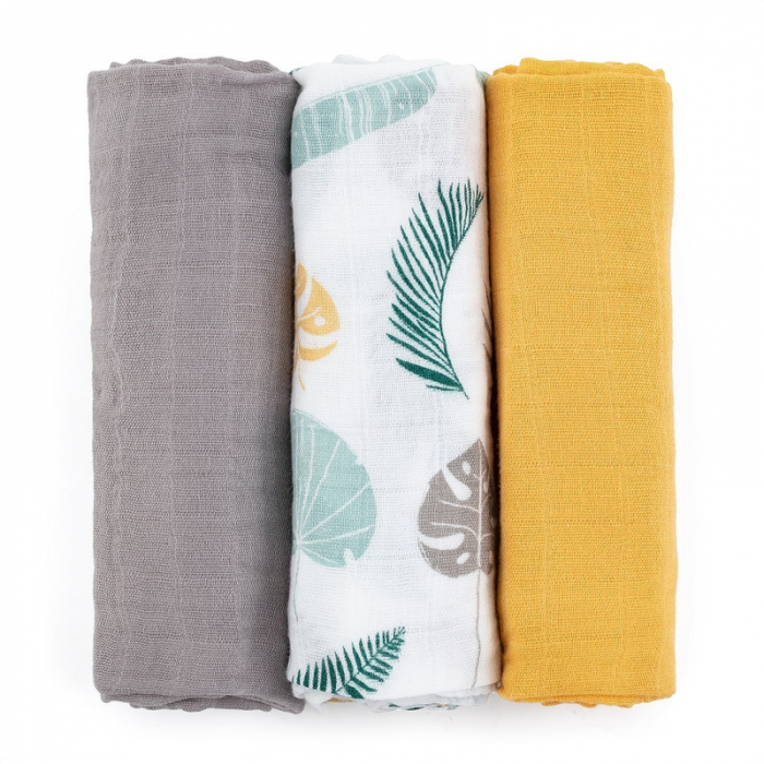 Petite&Mars - Set 3 scutece din muselina de bambus Moussy Ochre Leaves, Hipoalergenice, 68 x 68 cm, Certificate Oeko Tex Standard 100, Multicolor [2]
